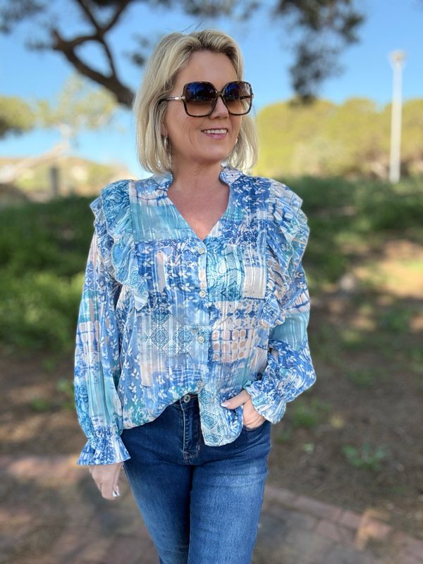 Frill mix blouse blå