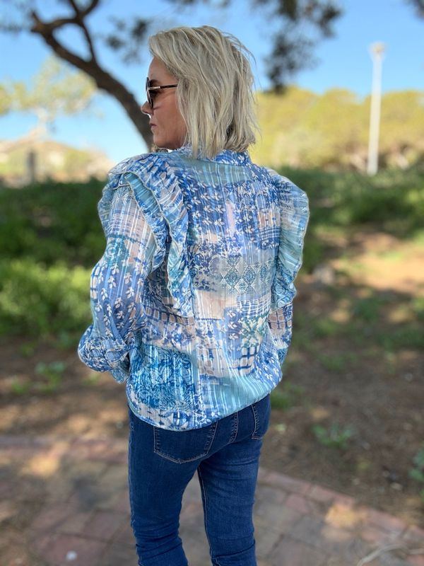 Frill mix blouse blå